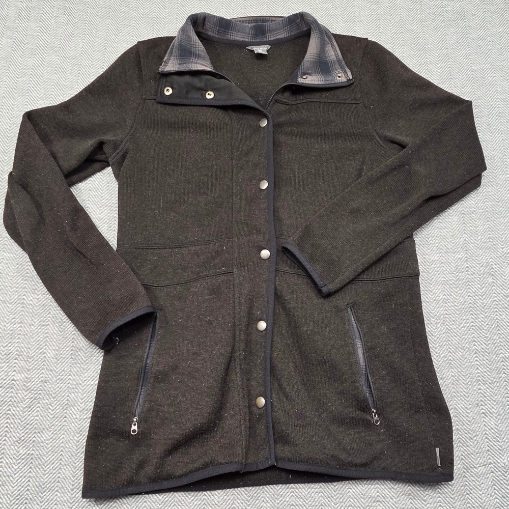 Eddie Bauer Womens‎ M Charcoal Gray Sweater Fleece Snap Front Plaid Lined Jacket